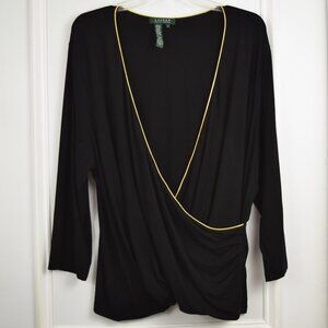 Ralph Lauren Top Women 2X Cross Wrap Front Black Gold Trim Plus Size Balletcore